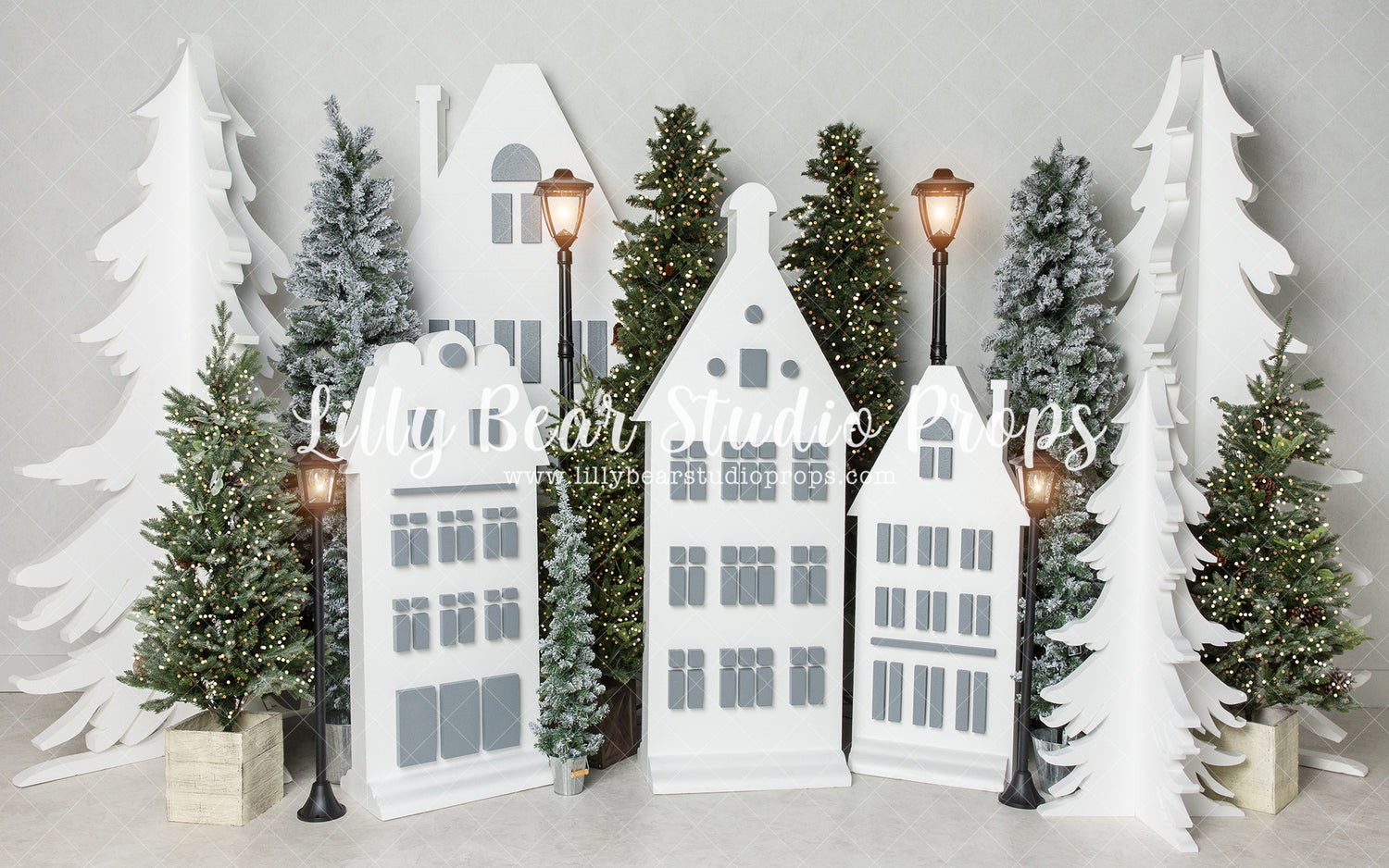 Gleaming North Village - Lilly Bear Studio Props, arctic pines, christmas, christmas pine tree, christmas pine trees, christmas town, christmas village, christmas village pine trees, evergreen trees, evergreens, holiday, holiday christmas, pine tree froest, pine trees, silver winter, snow, snow town, snow village, snowflakes, snowy forest, snowy pine, snowy pine trees, snowy trees, street lanterns, village, white christmas, white holiday, white winter, winter, winter christmas, winter diamond