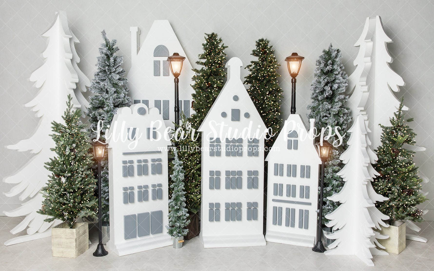 Gleaming North Village - Lilly Bear Studio Props, arctic pines, christmas, christmas pine tree, christmas pine trees, christmas town, christmas village, christmas village pine trees, evergreen trees, evergreens, holiday, holiday christmas, pine tree froest, pine trees, silver winter, snow, snow town, snow village, snowflakes, snowy forest, snowy pine, snowy pine trees, snowy trees, street lanterns, village, white christmas, white holiday, white winter, winter, winter christmas, winter diamond
