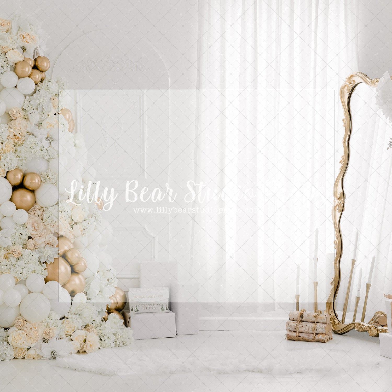 Glowing Gold Christmas - Lilly Bear Studio Props, bright window, christmas, Cozy, Decorated, FABRICS, Festive, flower christmas tree, Giving, gold, gold balloons, gold christmas, gold mirror, gold tree, Holiday, Holy, Hopeful, Joyful, Merry, Peaceful, Peacful, Red & Green, Seasonal, wainscott, white, white and gold christmas, white christmas, white wall, window, Winter, Xmas, Yuletide