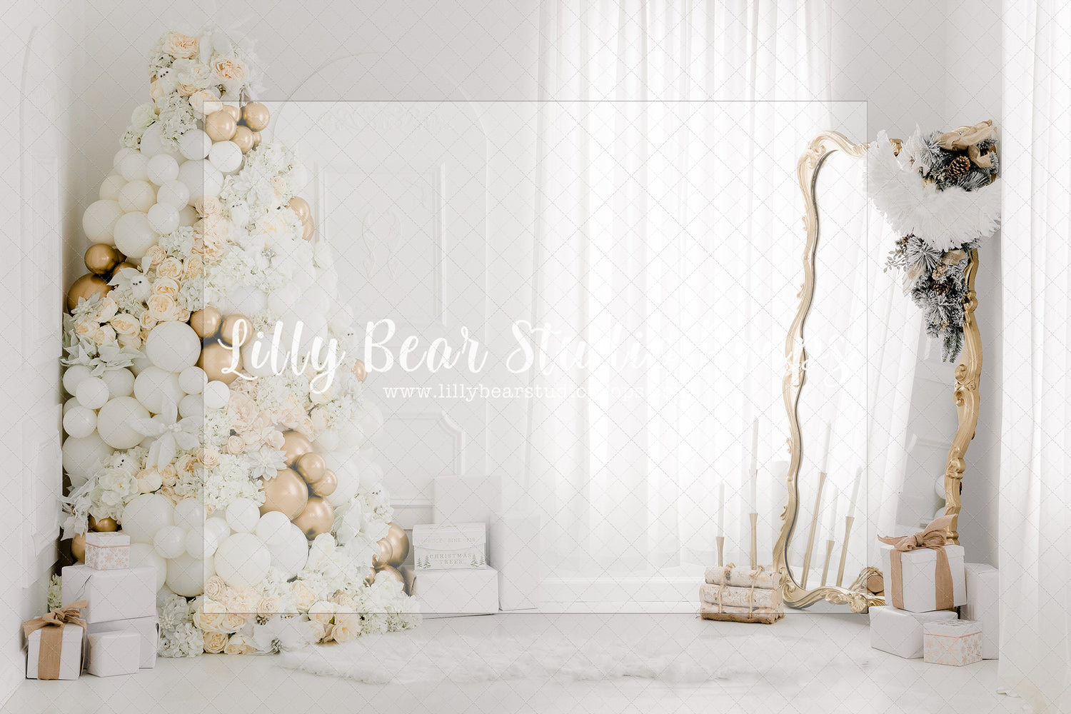 Glowing Gold Christmas - Lilly Bear Studio Props, bright window, christmas, Cozy, Decorated, FABRICS, Festive, flower christmas tree, Giving, gold, gold balloons, gold christmas, gold mirror, gold tree, Holiday, Holy, Hopeful, Joyful, Merry, Peaceful, Peacful, Red & Green, Seasonal, wainscott, white, white and gold christmas, white christmas, white wall, window, Winter, Xmas, Yuletide