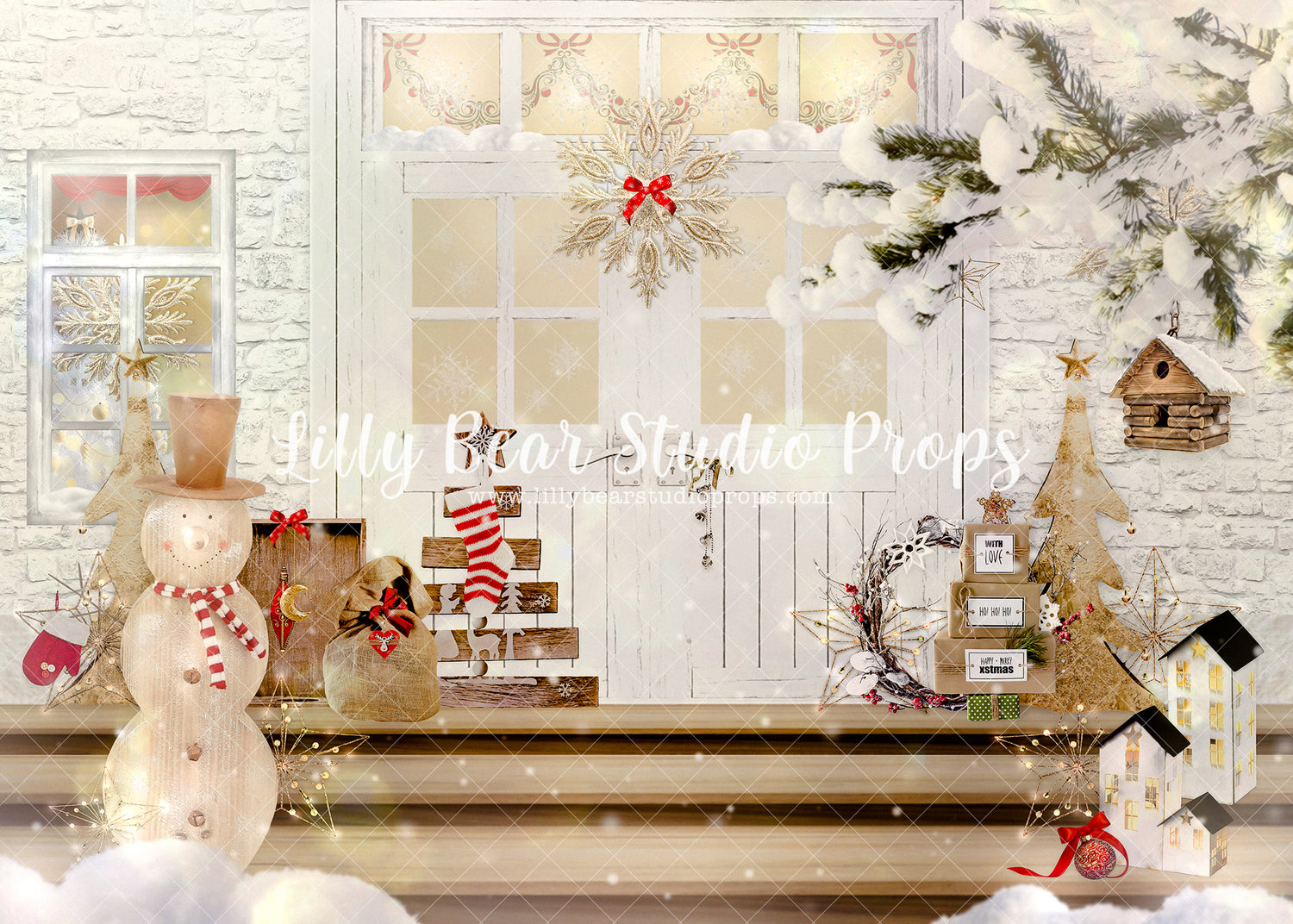 Glowing White Snowman Porch - Lilly Bear Studio Props, camper, candles, christmas, christmas kitchen, christmas snow, christmas window, Fabric, FABRICS, kitchen, red curtains, tree farm, winter, wreath