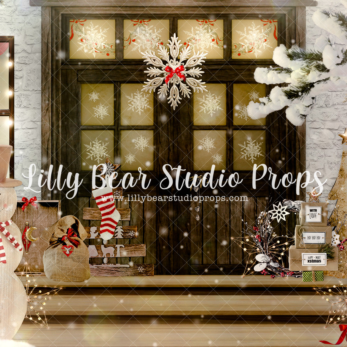 Glowing Snowman Porch - Lilly Bear Studio Props, camper, candles, christmas, christmas kitchen, christmas snow, christmas window, Fabric, FABRICS, kitchen, red curtains, tree farm, winter, wreath