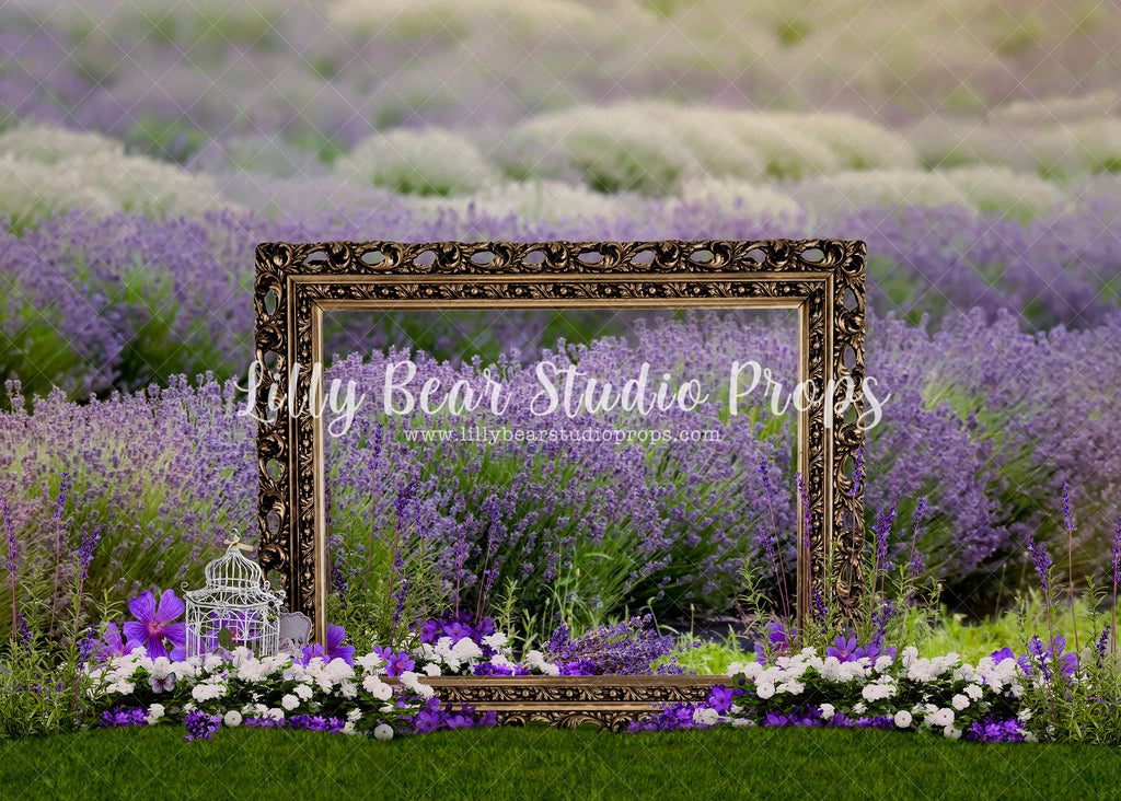 Gold Framed Lavender Fields - Lilly Bear Studio Props, bird cage, Fabric, FABRICS, floral, floral garden, flower field, frame, garden, gold, gold frame, lavender field, purple flowers, spring flowers, summer field, summer flowers