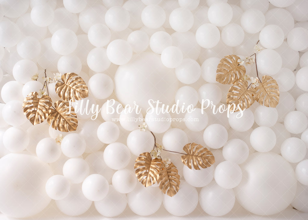 Gold Leaf Balloon Wall - Lilly Bear Studio Props, balloon wall, gold, gold and white, gold leaves, gold palms, white balloon wall, white balloons