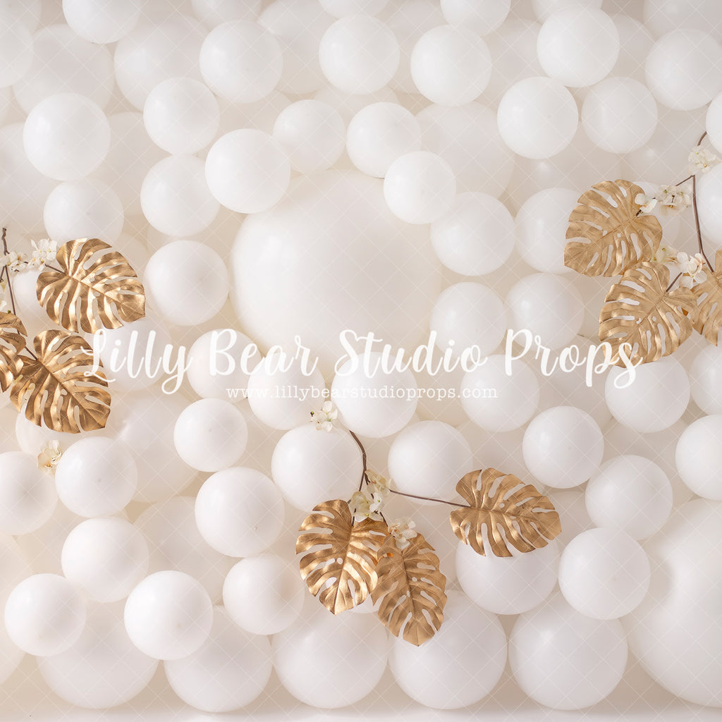 Gold Leaf Balloon Wall - Lilly Bear Studio Props, balloon wall, gold, gold and white, gold leaves, gold palms, white balloon wall, white balloons