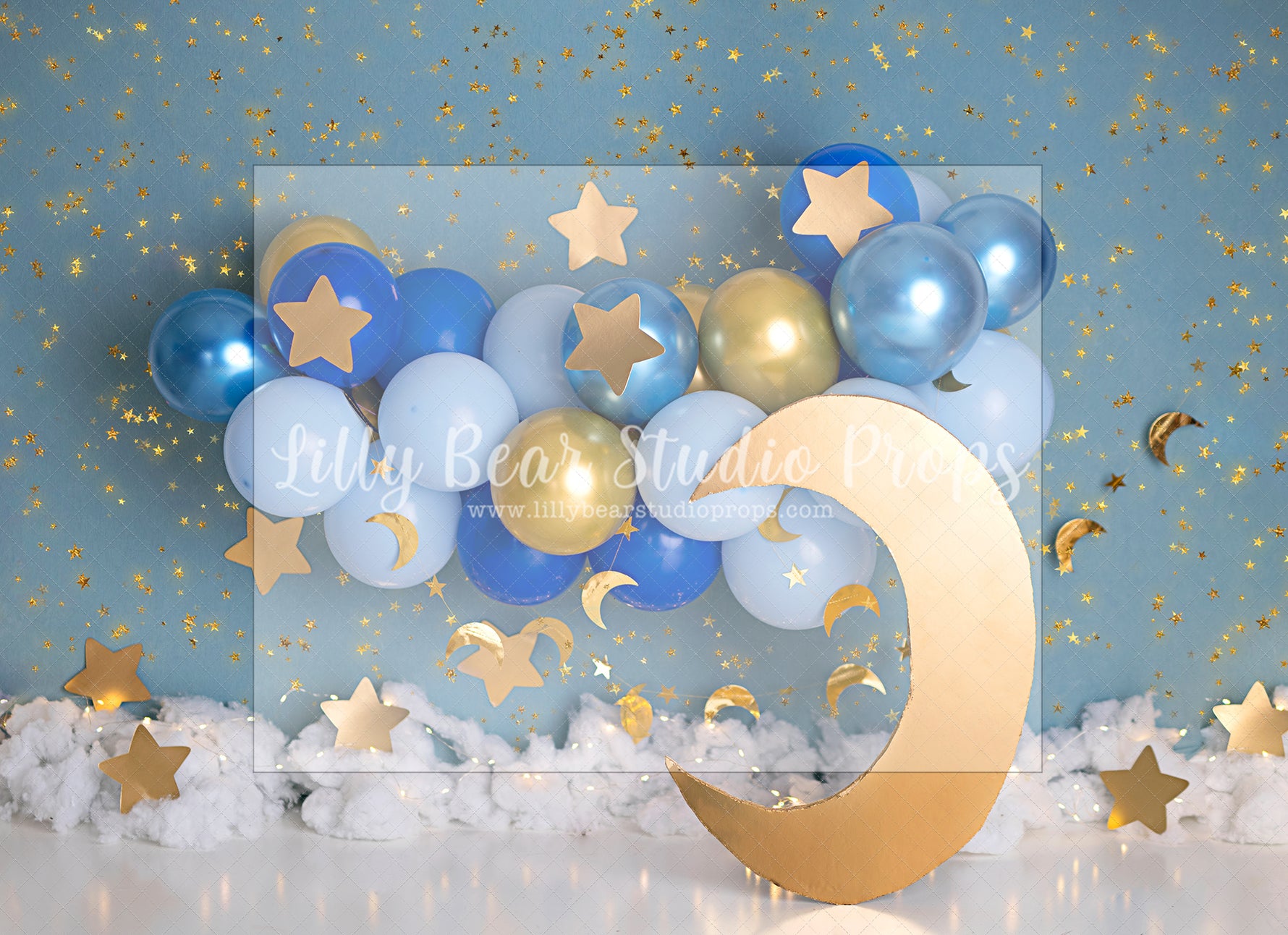 Gold Moon Blues by Sweet Little Blessings - Lilly Bear Studio Props, FABRICS, girl, gold and blue, gold and blue garland, gold moon, gold moon and stars, gold moon and stars balloons, twinkle twinkle, twinkle twinkle little star