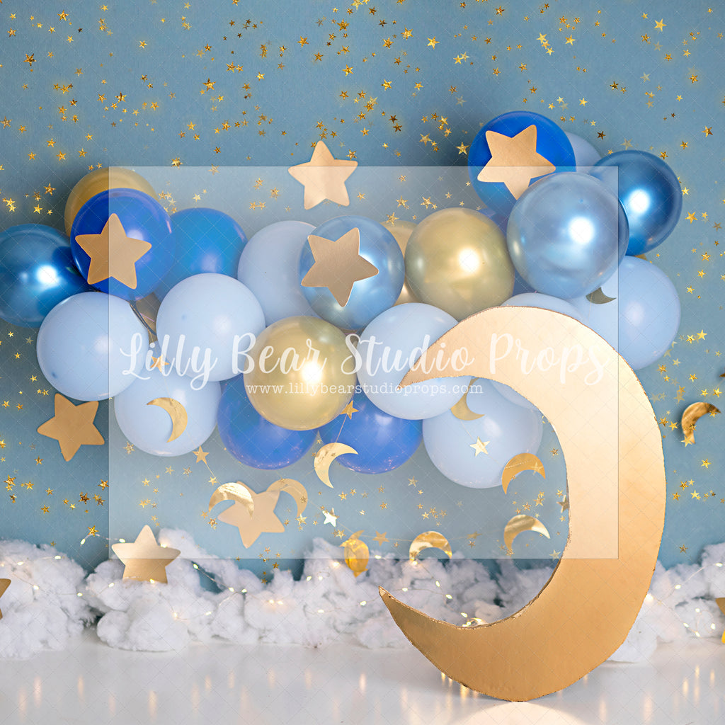 Gold Moon Blues by Sweet Little Blessings - Lilly Bear Studio Props, FABRICS, girl, gold and blue, gold and blue garland, gold moon, gold moon and stars, gold moon and stars balloons, twinkle twinkle, twinkle twinkle little star
