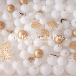 Gold & White Balloon Wall - Lilly Bear Studio Props, balloon wall, glitter, gold, gold and white, gold glitter, gold leaves, gold palms, white and gold, white and gold balloon wall, white and gold balloons, white balloon wall, white balloons