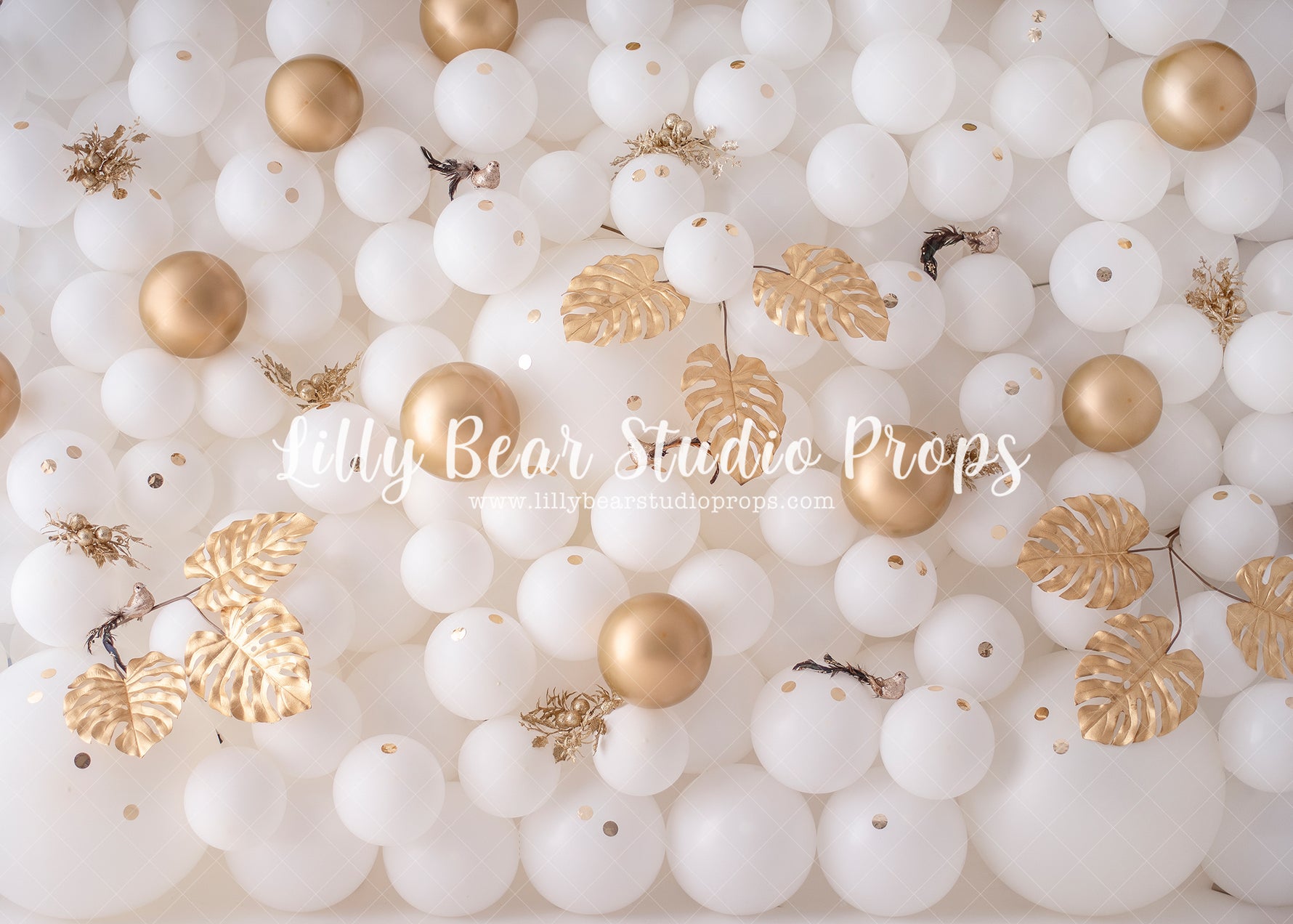 Gold & White Balloon Wall - Lilly Bear Studio Props, balloon wall, glitter, gold, gold and white, gold glitter, gold leaves, gold palms, white and gold, white and gold balloon wall, white and gold balloons, white balloon wall, white balloons