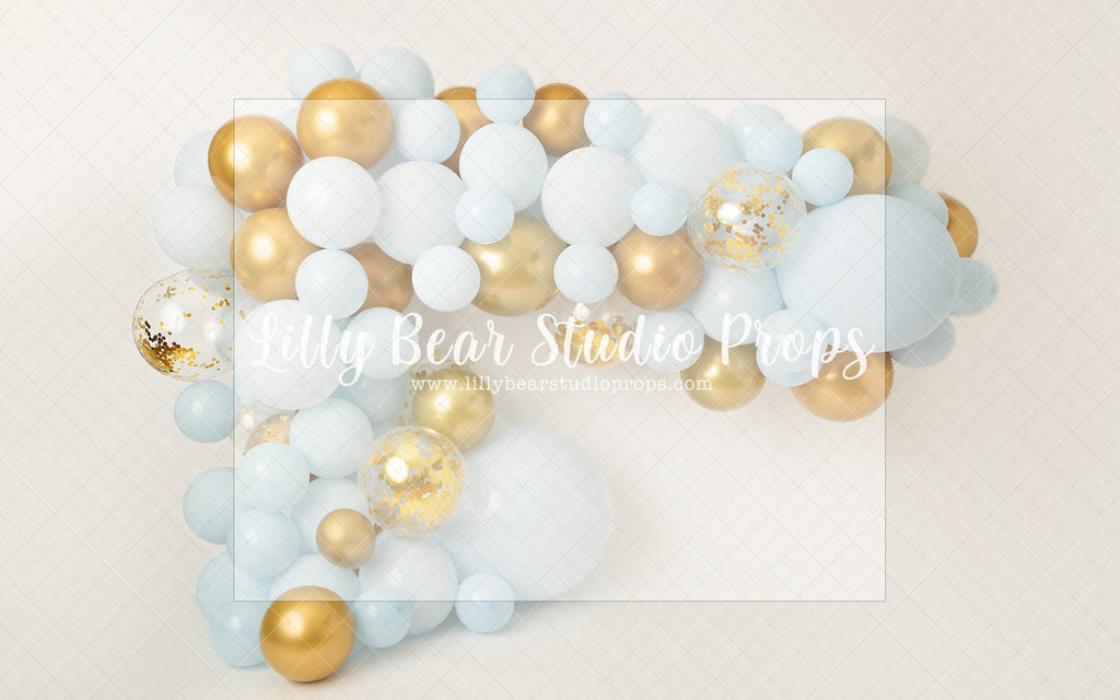 Golden Delight Balloon Garland - Lilly Bear Studio Props, balloons, birthday, blue and gold balloons, blue balloon, blue balloon garland, blue balloons, blue gold balloons, gold, gold balloon garland, gold balloons, white and gold balloon garland