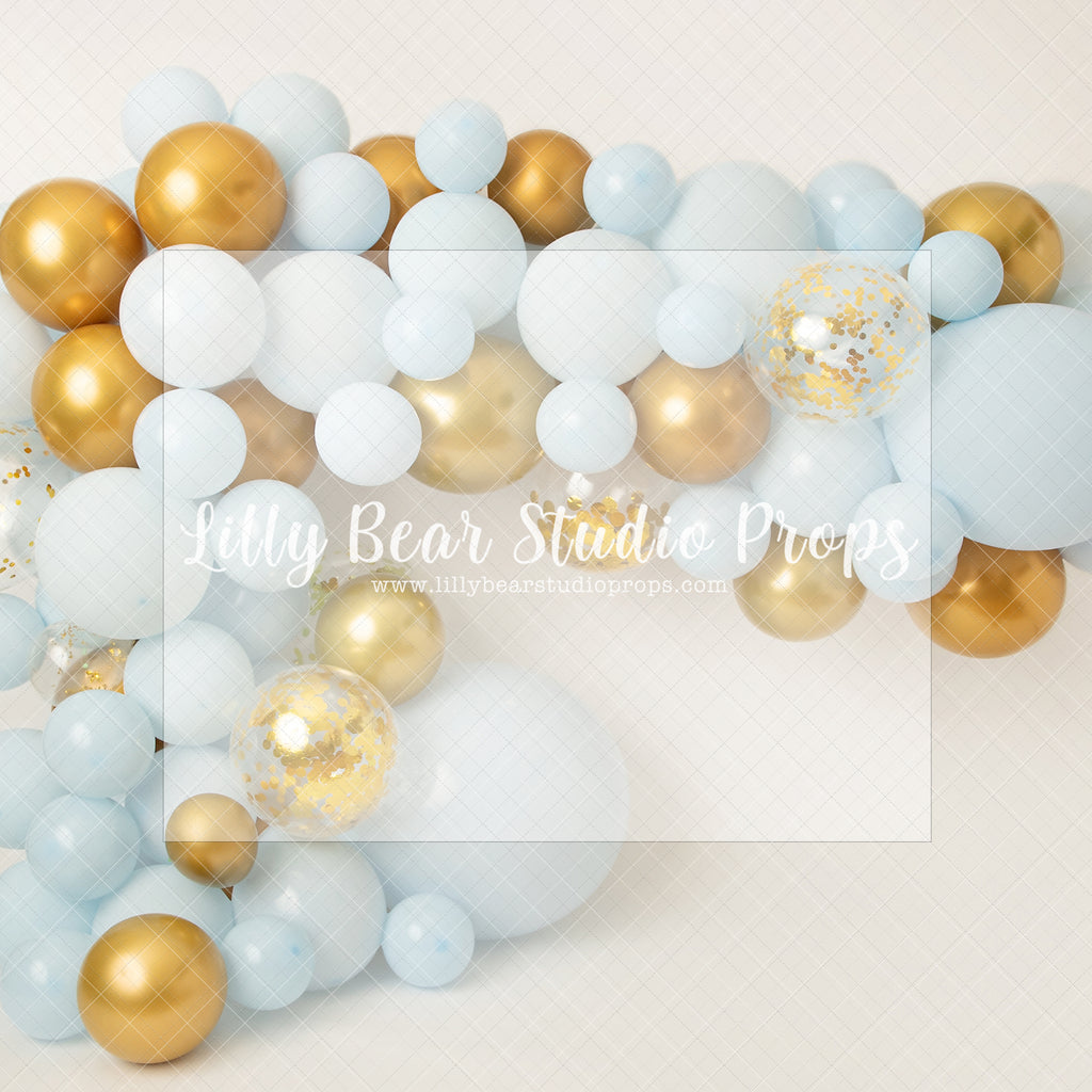 Golden Delight Balloon Garland - Lilly Bear Studio Props, balloons, birthday, blue and gold balloons, blue balloon, blue balloon garland, blue balloons, blue gold balloons, gold, gold balloon garland, gold balloons, white and gold balloon garland