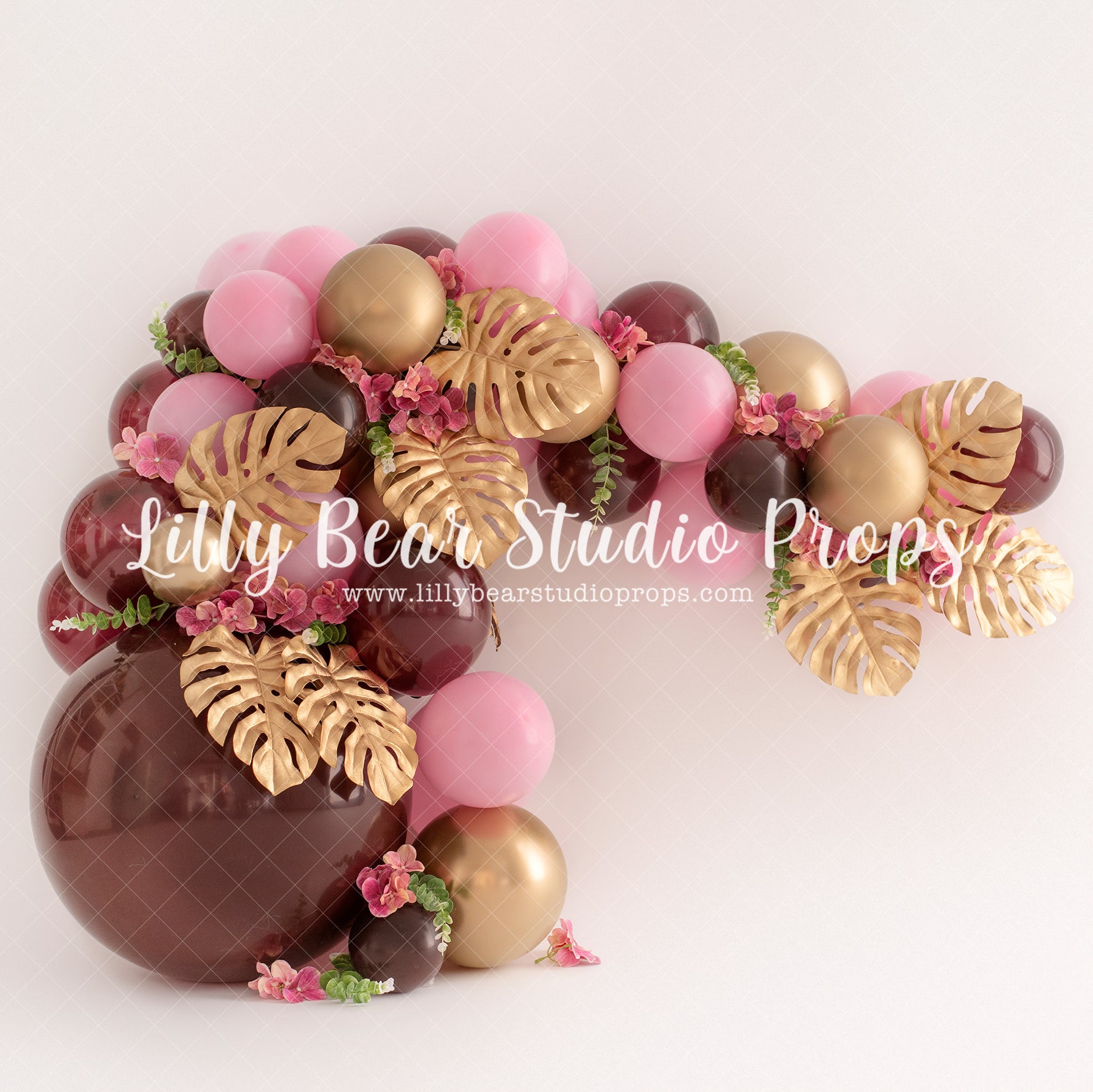 Golden Palms - Lilly Bear Studio Props, balloon garland, dusty mauve, floral pink, florals, flower, flowers, gold, gold and pink, gold palms, mauve, mauve balloons, palm, pink and gold, pink balloons, pink floral, pink flowers, pink gold and mauve, white balloons