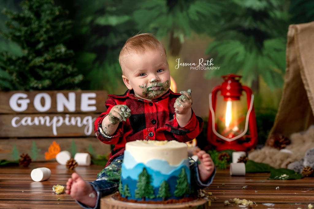 Gone Camping by Jessica Ruth Photography sold by Lilly Bear Studio Props, dark forest - fabric - forest - green forest