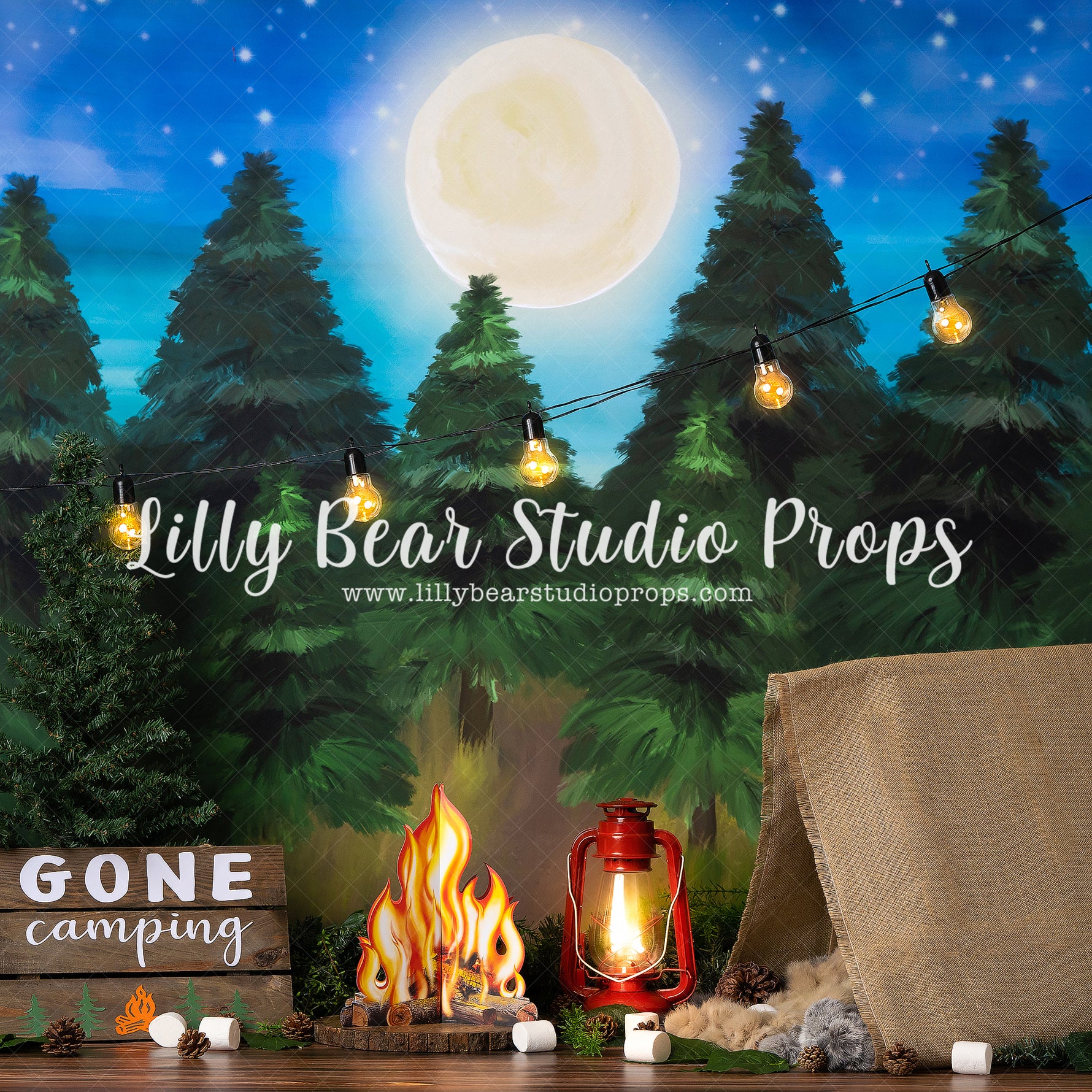 Gone Camping by Jessica Ruth Photography sold by Lilly Bear Studio Props, dark forest - fabric - forest - green forest