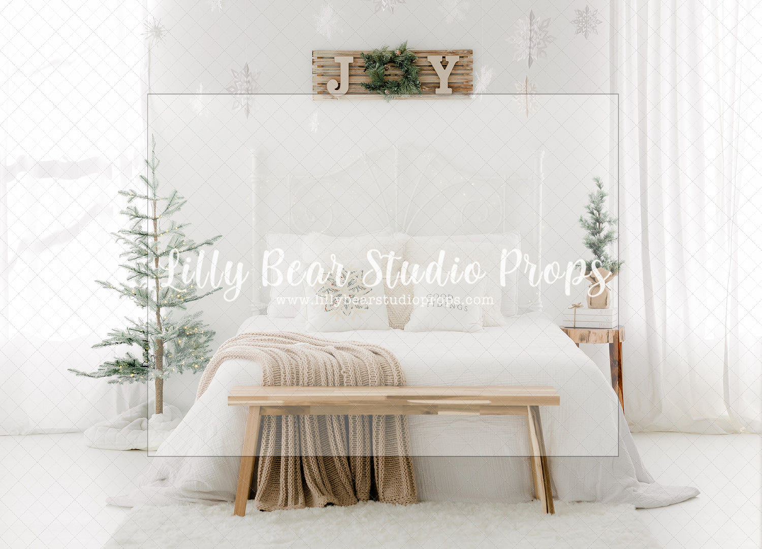 Good Tidings - Lilly Bear Studio Props, bright christmas, bright window, christmas, christmas bed, christmas headboard, christmas room, Cozy, Decorated, FABRICS, Festive, Giving, Holiday, Holy, Hopeful, Joyful, Merry, Peaceful, Peacful, Red & Green, Seasonal, snowflakes, white, white christmas, window, Winter, Xmas, Yuletide