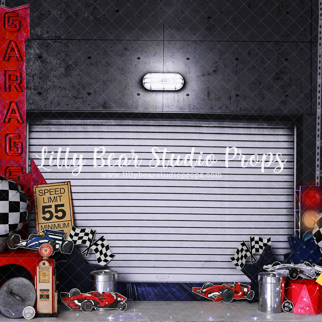 Greasy Garage - Lilly Bear Studio Props, car, car shop, cars, Fabric, FABRICS, fence, garage, gas, greasy garage, mechanic, orange, race, race car, race garage, race track, racer, racer garage, tires, took, tools