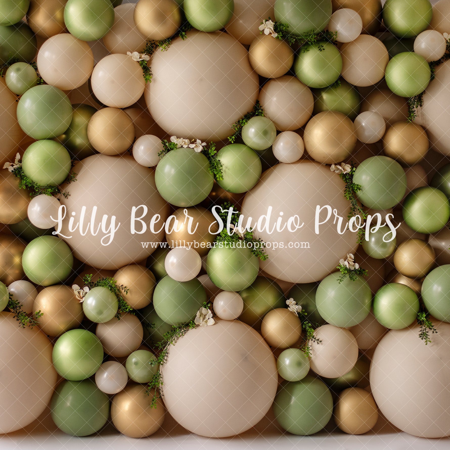 Green & Gold Floral Balloon Wall - Lilly Bear Studio Props, balloon, balloon arch, balloon flowers, balloon garland, balloon wall, balloons, boho greenery, gold balloons, green and gold balloons, green balloons, green palms, greenery, jungle, jungle balloon wall, jungle balloons, jungle wall