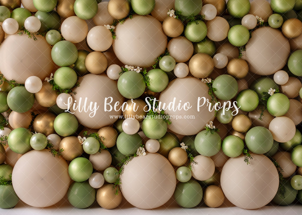 Green & Gold Floral Balloon Wall - Lilly Bear Studio Props, balloon, balloon arch, balloon flowers, balloon garland, balloon wall, balloons, boho greenery, gold balloons, green and gold balloons, green balloons, green palms, greenery, jungle, jungle balloon wall, jungle balloons, jungle wall