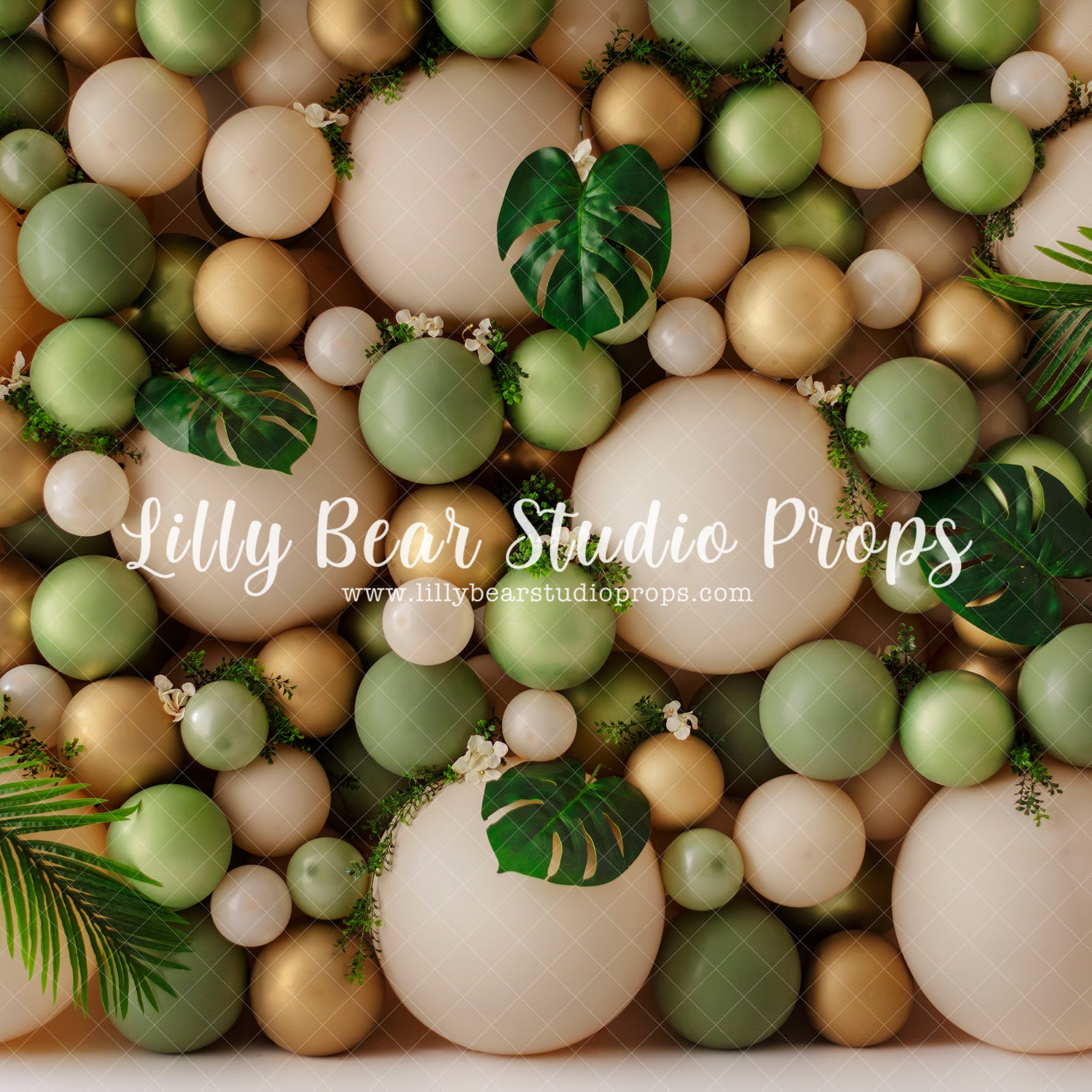 Green & Gold Jungle Balloon Wall - Lilly Bear Studio Props, balloon, balloon arch, balloon flowers, balloon garland, balloon wall, balloons, boho greenery, gold balloons, green and gold balloons, green balloons, green palms, greenery, jungle, jungle balloon wall, jungle balloons, jungle leaves, jungle palms, jungle wall, palms