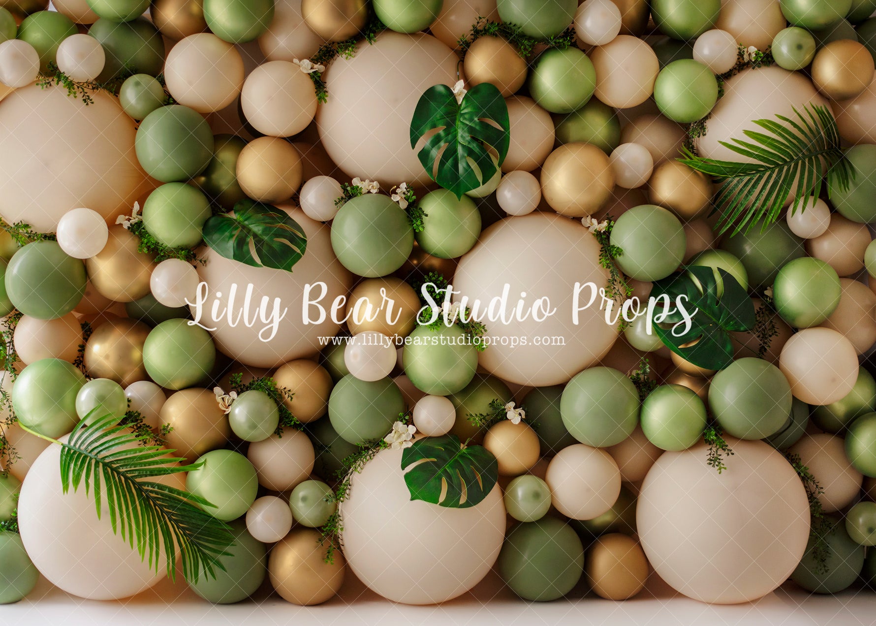 Green & Gold Jungle Balloon Wall - Lilly Bear Studio Props, balloon, balloon arch, balloon flowers, balloon garland, balloon wall, balloons, boho greenery, gold balloons, green and gold balloons, green balloons, green palms, greenery, jungle, jungle balloon wall, jungle balloons, jungle leaves, jungle palms, jungle wall, palms