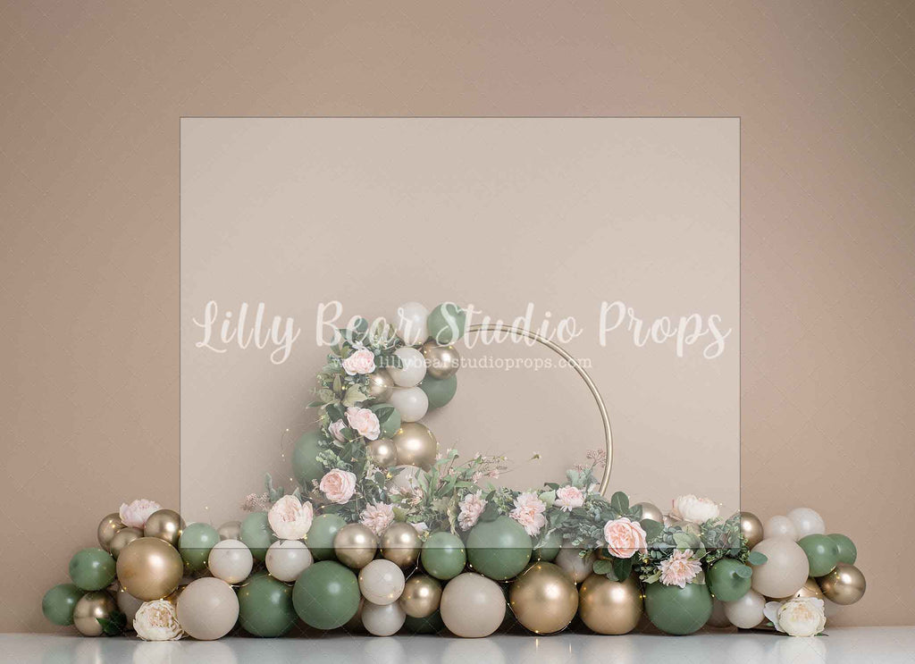 Green & Cream Floral by E Newton - Lilly Bear Studio Props, boho, boho floral, boho ring, cream floral, green and gold balloons, neutral balloons