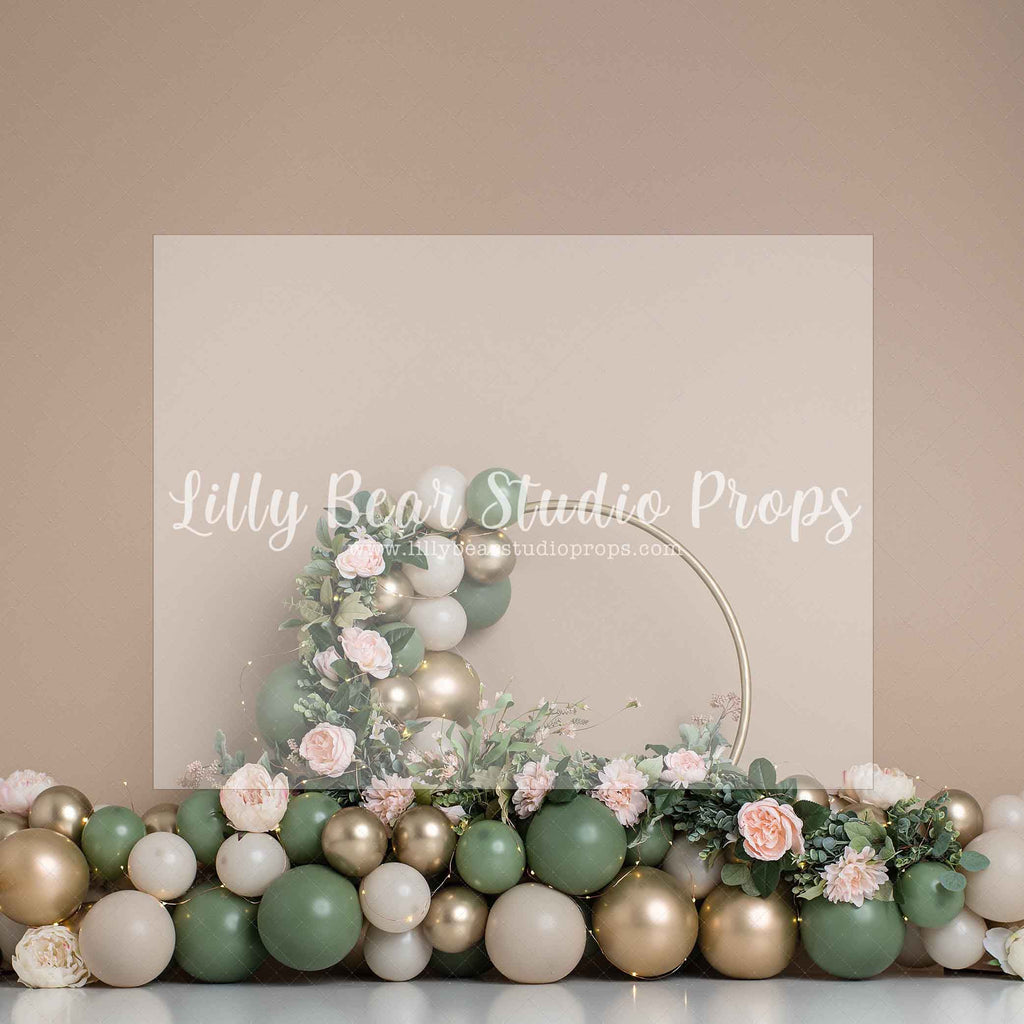 Green & Cream Floral by E Newton - Lilly Bear Studio Props, boho, boho floral, boho ring, cream floral, green and gold balloons, neutral balloons