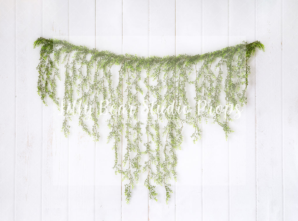 Greenery Garland on White Wood - Lilly Bear Studio Props, fabric, fine art, girls, green garland, koala, poly, simple garland, spanish moss, vinyl, white wood, white wood plank, white wood planks, Wrinkle Free Fabric