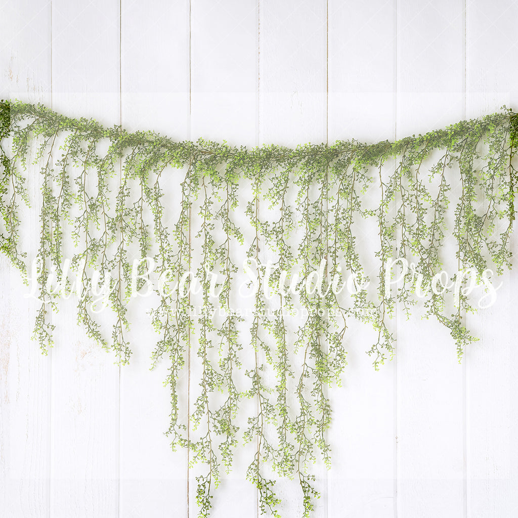 Greenery Garland on White Wood - Lilly Bear Studio Props, fabric, fine art, girls, green garland, koala, poly, simple garland, spanish moss, vinyl, white wood, white wood plank, white wood planks, Wrinkle Free Fabric