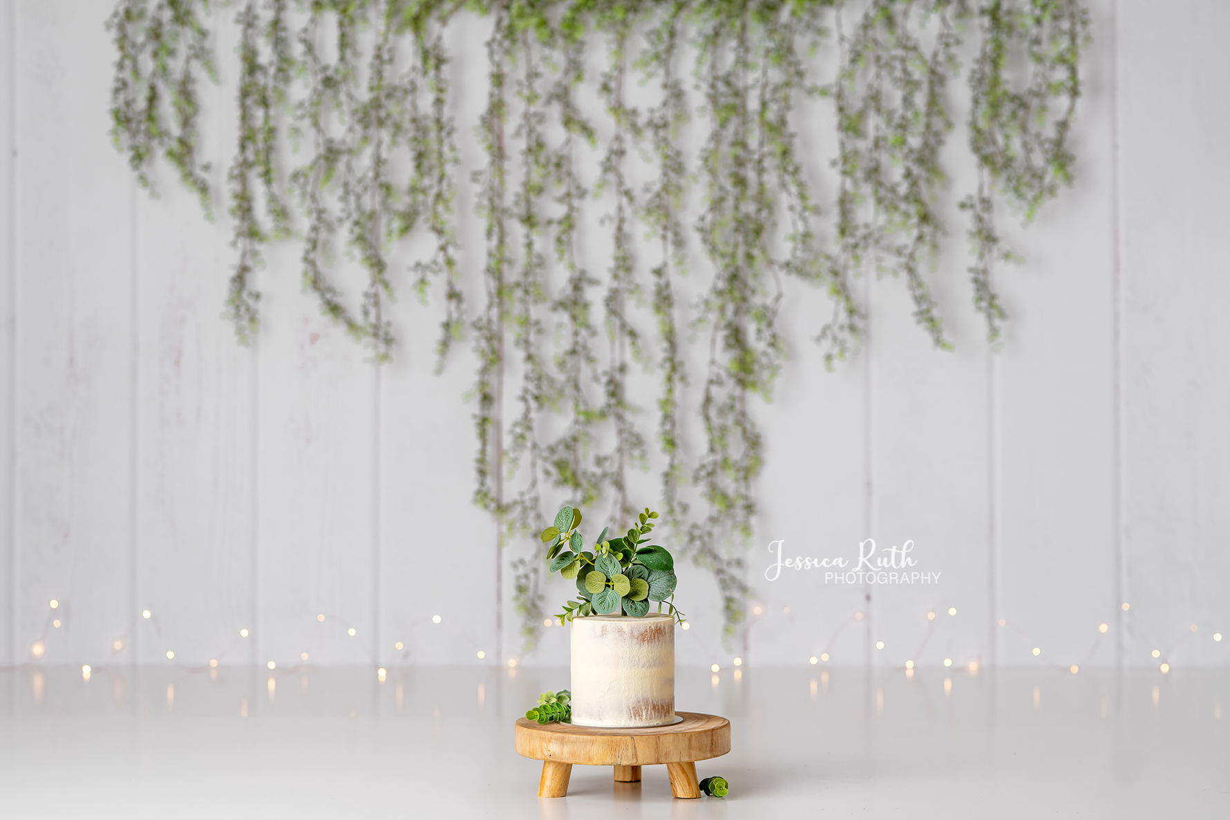 Greenery Garland on White Wood - Lilly Bear Studio Props, fabric, fine art, girls, green garland, koala, poly, simple garland, spanish moss, vinyl, white wood, white wood plank, white wood planks, Wrinkle Free Fabric