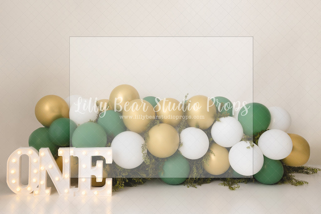 Greenery Gold Garland - Lilly Bear Studio Props, balloon garland, blue balloon garland, blue balloons, blue boy, boy, boy balloon garland, boy birthday, Fabric, FABRICS, garland, gold balloons, molding, wainscotting wall, white balloons, Wrinkle Free Fabric
