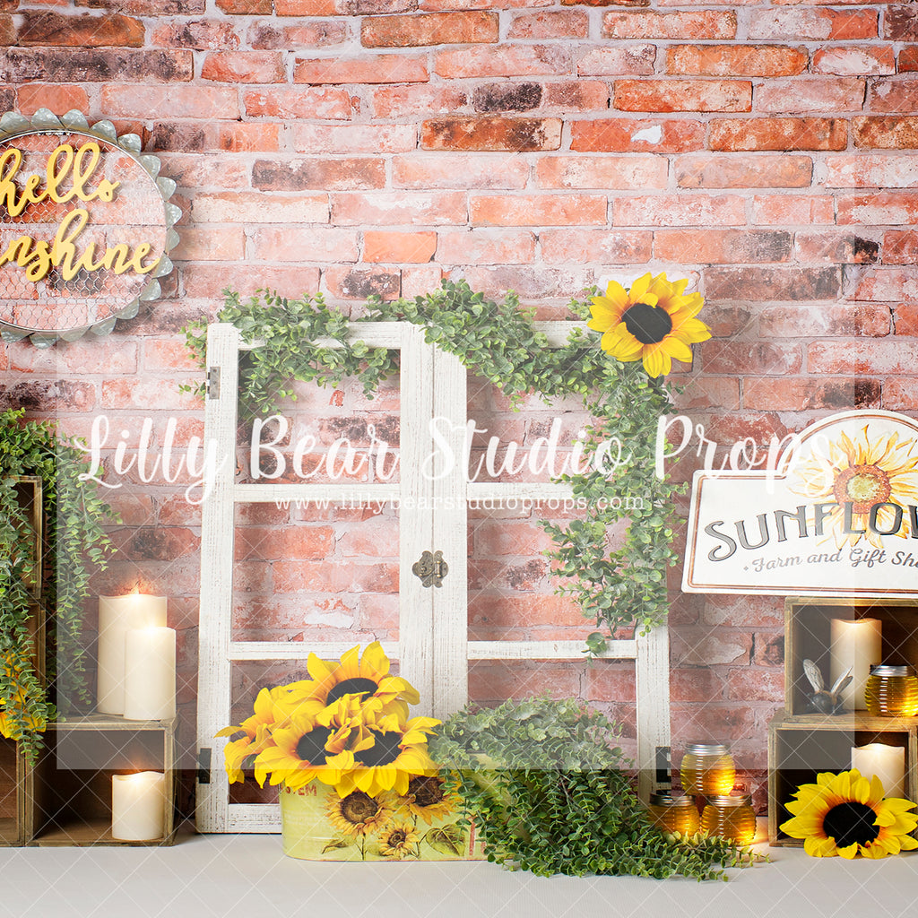 Hello Sunflower Shine - Lilly Bear Studio Props, FABRICS, flower barn doors, flower garden, spring, spring garden, sunflower, sunflower garden