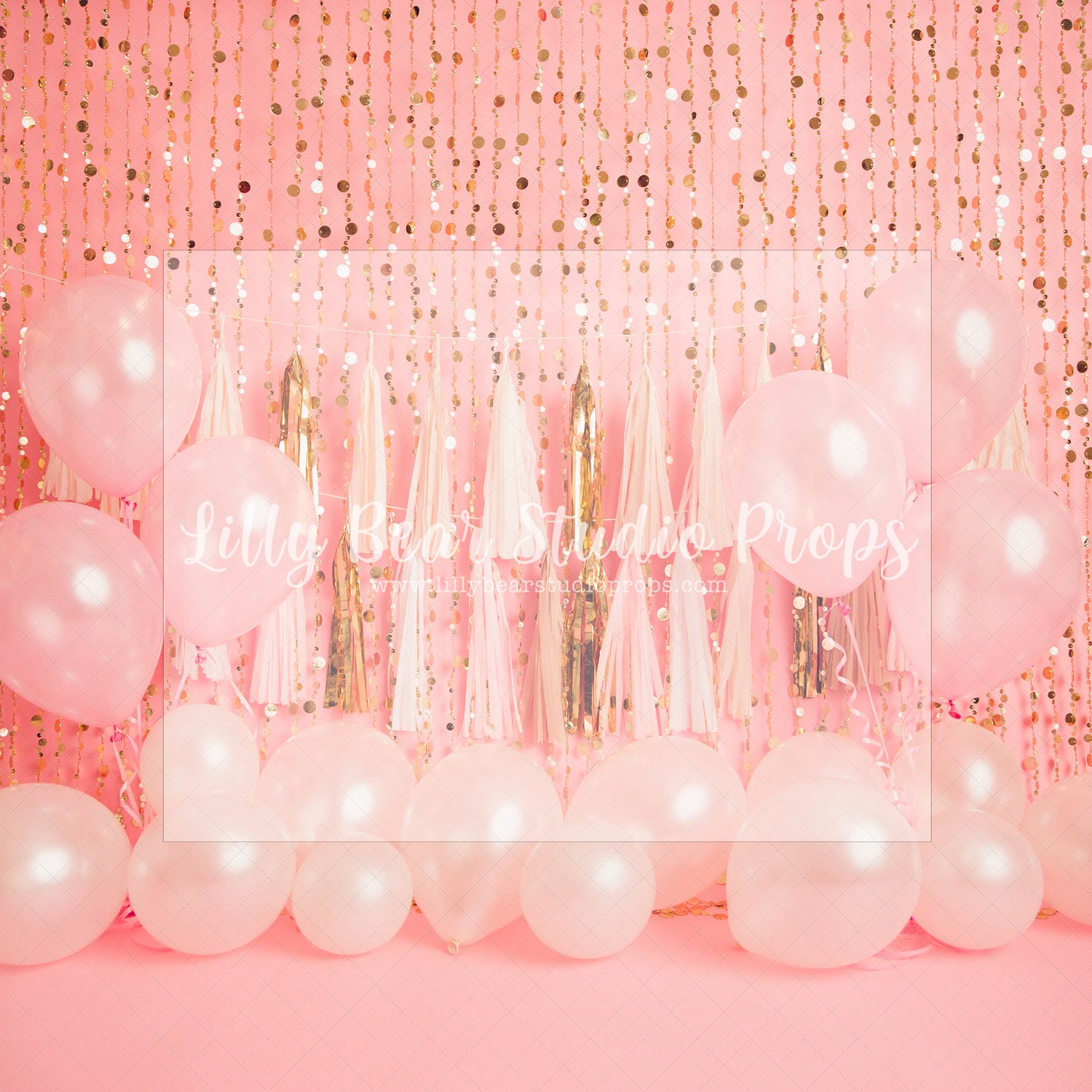 Pinky Gold Party - Lilly Bear Studio Props, balloons, birthday, gold, gold balloon garland, gold balloons, gold beaded curtains, gold beads, gold curtains, gold star, one, pink and gold, pink and gold balloons, pink and gold garland, pink and gold tassles, royal, royalty, white and gold balloon garland, white balloon garland, white balloons