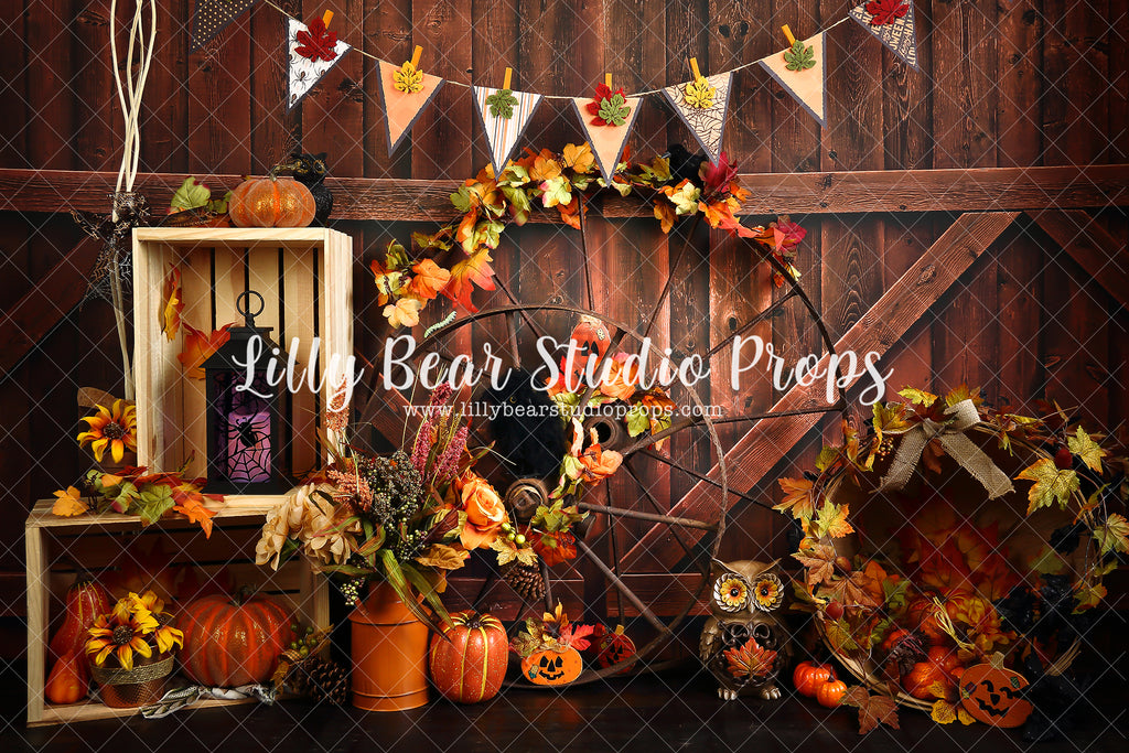 Halloween Barn - Lilly Bear Studio Props, autumn leaves, creepy halloween, Fabric, FABRICS, fall leaves, falling leaves, halloween, halloween haunt, halloween mini, halloween night, haunted, pumpkins, scary halloween, scary house, spooky door, spooky halloween, spooky house, wagon wheel
