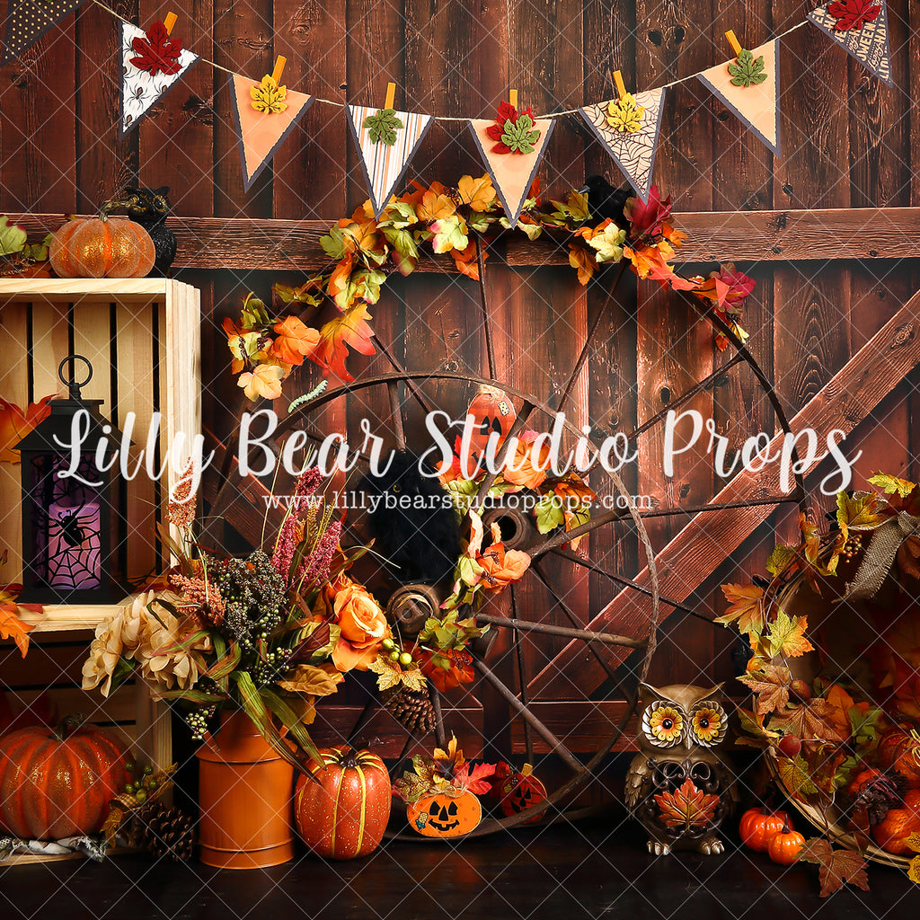 Halloween Barn - Lilly Bear Studio Props, autumn leaves, creepy halloween, Fabric, FABRICS, fall leaves, falling leaves, halloween, halloween haunt, halloween mini, halloween night, haunted, pumpkins, scary halloween, scary house, spooky door, spooky halloween, spooky house, wagon wheel