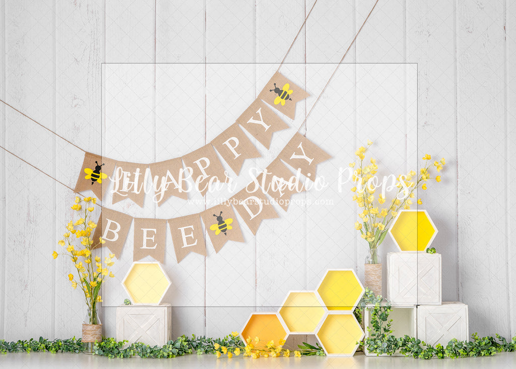 Happy Bee Day Delight - Lilly Bear Studio Props, bees, Fabric, FABRICS, green garland, honey, honey bees, honey comb, honey comb nest, yellow flowers, yellow honey comb