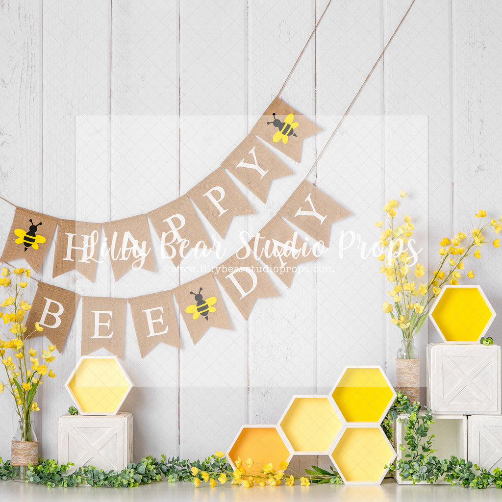 Happy Bee Day Delight - Lilly Bear Studio Props, bees, Fabric, FABRICS, green garland, honey, honey bees, honey comb, honey comb nest, yellow flowers, yellow honey comb