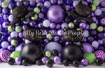 Happy Hey Kitty Halloween - Lilly Bear Studio Props, balloon, balloon arch, balloon garland, balloon wall, balloons, halloween, halloween balloons, halloween birthday, metallic, metallic balloon wall, metallic purple, pastel balloon wall, pastel purple, pastel wall, purple and green, purple balloon wall, purple balloons, spooky one
