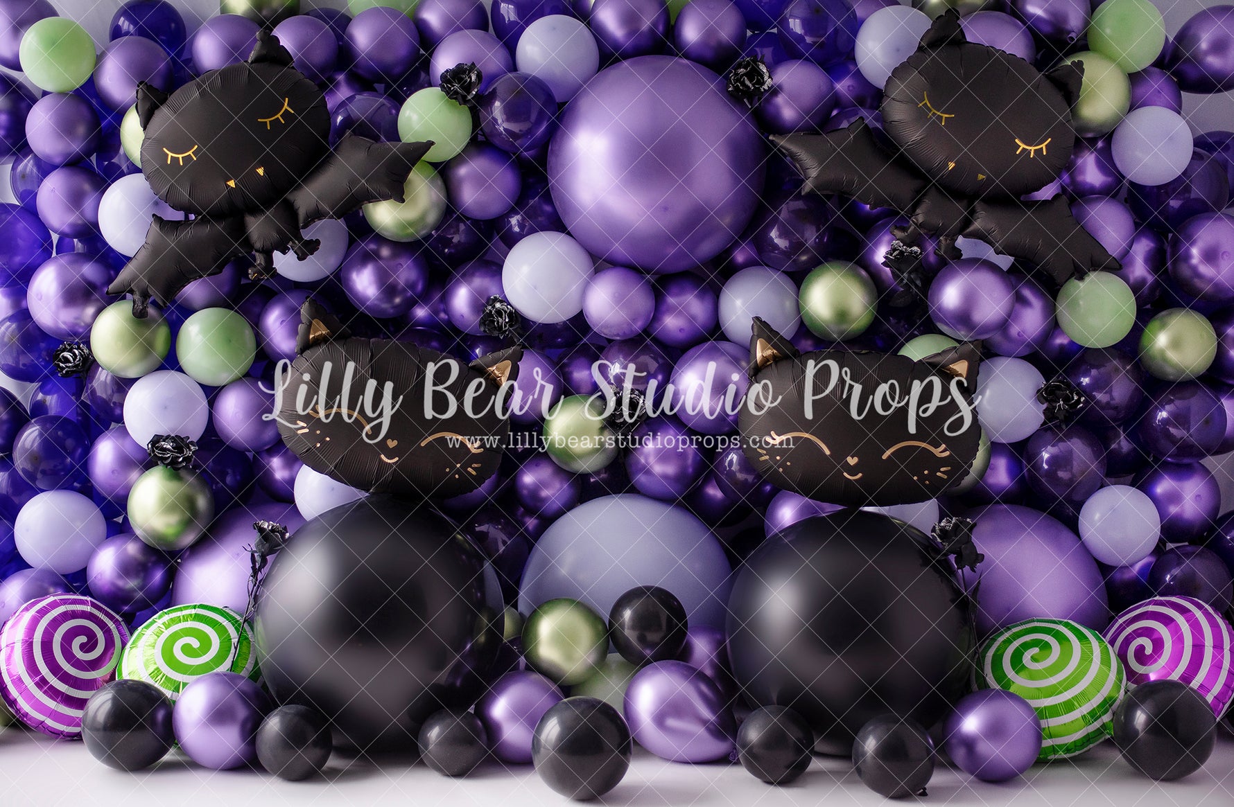 Happy Hey Kitty Halloween - Lilly Bear Studio Props, balloon, balloon arch, balloon garland, balloon wall, balloons, halloween, halloween balloons, halloween birthday, metallic, metallic balloon wall, metallic purple, pastel balloon wall, pastel purple, pastel wall, purple and green, purple balloon wall, purple balloons, spooky one
