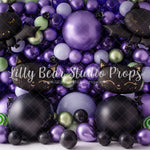 Happy Hey Kitty Halloween - Lilly Bear Studio Props, balloon, balloon arch, balloon garland, balloon wall, balloons, halloween, halloween balloons, halloween birthday, metallic, metallic balloon wall, metallic purple, pastel balloon wall, pastel purple, pastel wall, purple and green, purple balloon wall, purple balloons, spooky one