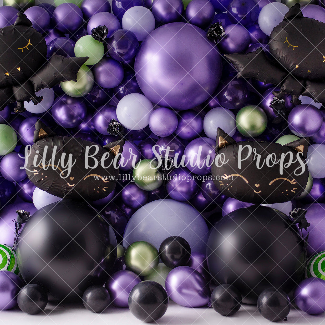 Happy Hey Kitty Halloween - Lilly Bear Studio Props, balloon, balloon arch, balloon garland, balloon wall, balloons, halloween, halloween balloons, halloween birthday, metallic, metallic balloon wall, metallic purple, pastel balloon wall, pastel purple, pastel wall, purple and green, purple balloon wall, purple balloons, spooky one