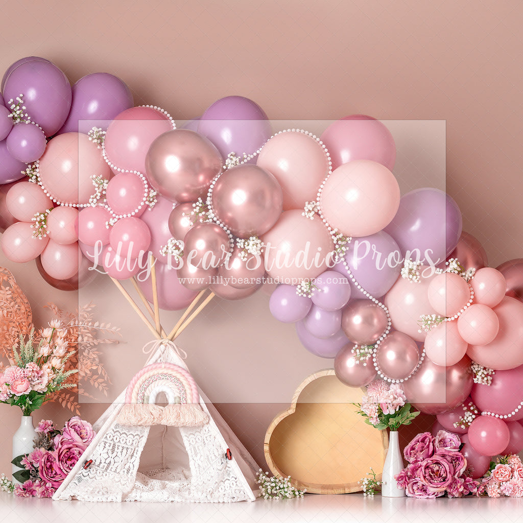 Harlow's Blush Floral Dream - Lilly Bear Studio Props, boho balloons, boho teepee, fabric, fine art, floral, floral balloon garland, floral balloons, girls, hand painted, peony balloons, pink and white balloon garland, pink floral, poly, teepee, vinyl