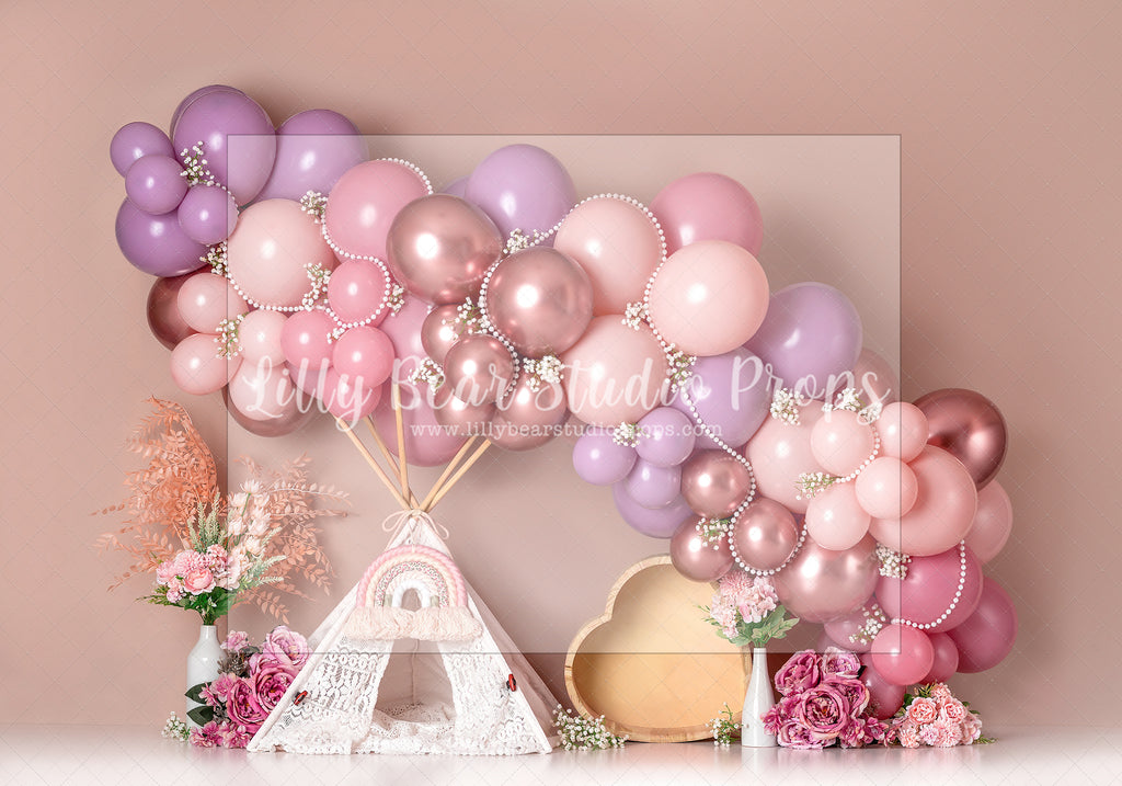 Harlow's Blush Floral Dream - Lilly Bear Studio Props, boho balloons, boho teepee, fabric, fine art, floral, floral balloon garland, floral balloons, girls, hand painted, peony balloons, pink and white balloon garland, pink floral, poly, teepee, vinyl