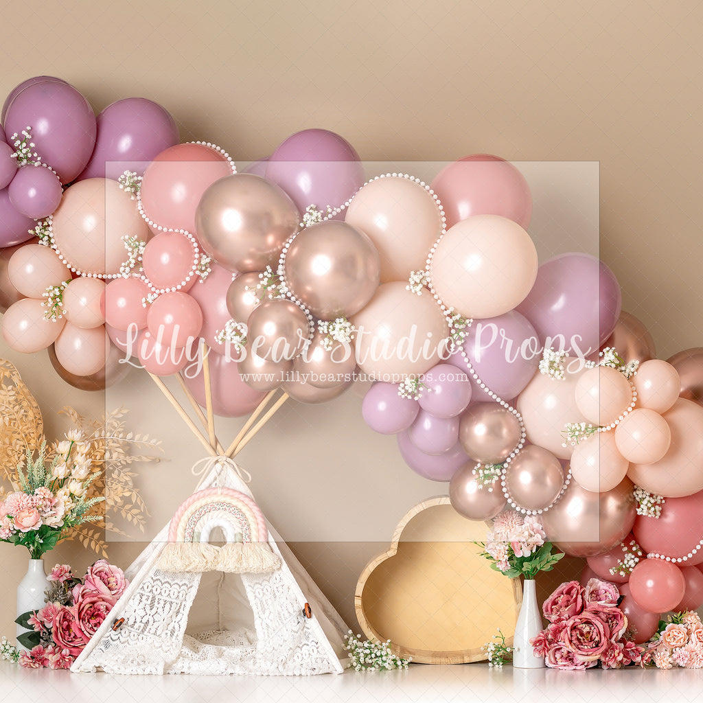 Harlow's Boho Floral Dream - Lilly Bear Studio Props, boho balloons, boho teepee, fabric, fine art, floral, floral balloon garland, floral balloons, girls, hand painted, peony balloons, pink and white balloon garland, pink floral, poly, teepee, vinyl