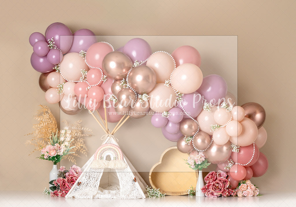 Harlow's Boho Floral Dream - Lilly Bear Studio Props, boho balloons, boho teepee, fabric, fine art, floral, floral balloon garland, floral balloons, girls, hand painted, peony balloons, pink and white balloon garland, pink floral, poly, teepee, vinyl