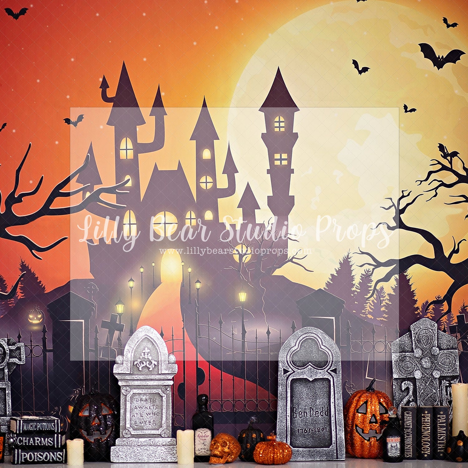 Haunted Graveyard by Peace Photography - Lilly Bear Studio Props, bat, creepy halloween, green purple silver black, halloween, halloween balloons, halloween birthday, halloween eyes, halloween haunt, halloween mini, halloween night, halloween spider, scary halloween, spooky, spooky balloons, spooky halloween, Wrinkle Free Fabric