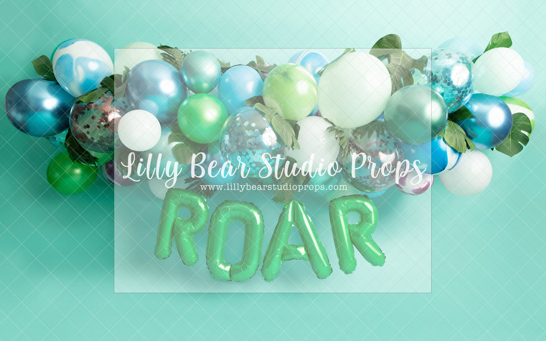 Hear Me Roar - Lilly Bear Studio Props, balloon greenery garland, blue and green balloons, blue balloons, blue confetti balloon, blue marble, dino balloons, green balloons, roar, tropical balloons