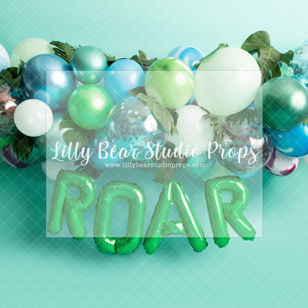 Hear Me Roar - Lilly Bear Studio Props, balloon greenery garland, blue and green balloons, blue balloons, blue confetti balloon, blue marble, dino balloons, green balloons, roar, tropical balloons
