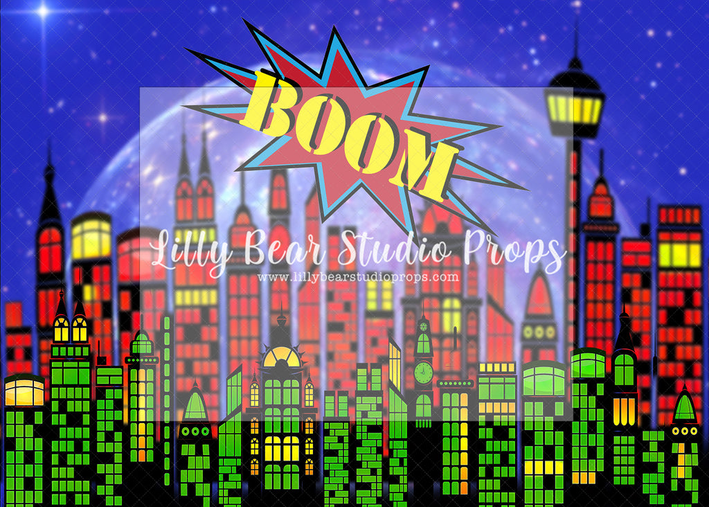 Heroes Go Boom! - Lilly Bear Studio Props, bang, Brick Wall, comic book, Fabric, little superhero, my hero, my little hero, super hero, superhero, superheros, Wrinkle Free Fabric