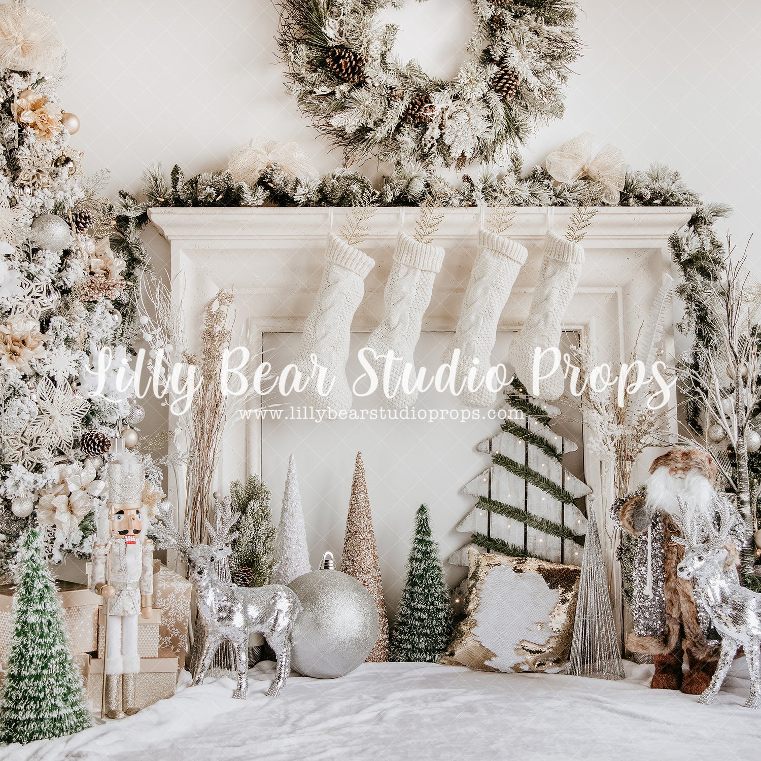 Classic Christmas - Lilly Bear Studio Props, christmas, christmas stocking, christmas tree, elegant christmas, Fabric, FABRICS, fancy christmas, fireplace, glitter christmas tree, glitter tree, holiday fireplace, holiday mantel, lanterns, mantel, nutcracker, white christmas, white fireplace, white mantel, woodland forest, Wrinkle Free Fabric