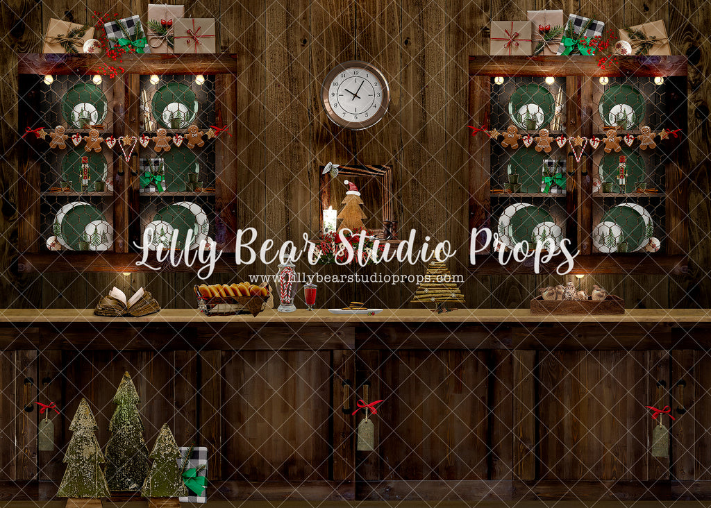 Holiday Baking Dark Wood Kitchen - Lilly Bear Studio Props, camper, candles, christmas, christmas kitchen, christmas snow, christmas window, Fabric, FABRICS, kitchen, red curtains, tree farm, winter, wreath